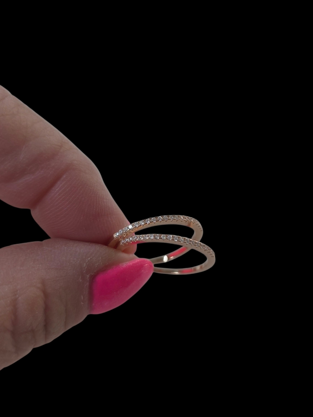 14K Rose Gold Over .925 Sterling Silver Double Band Pave Crystal Rings Size 8